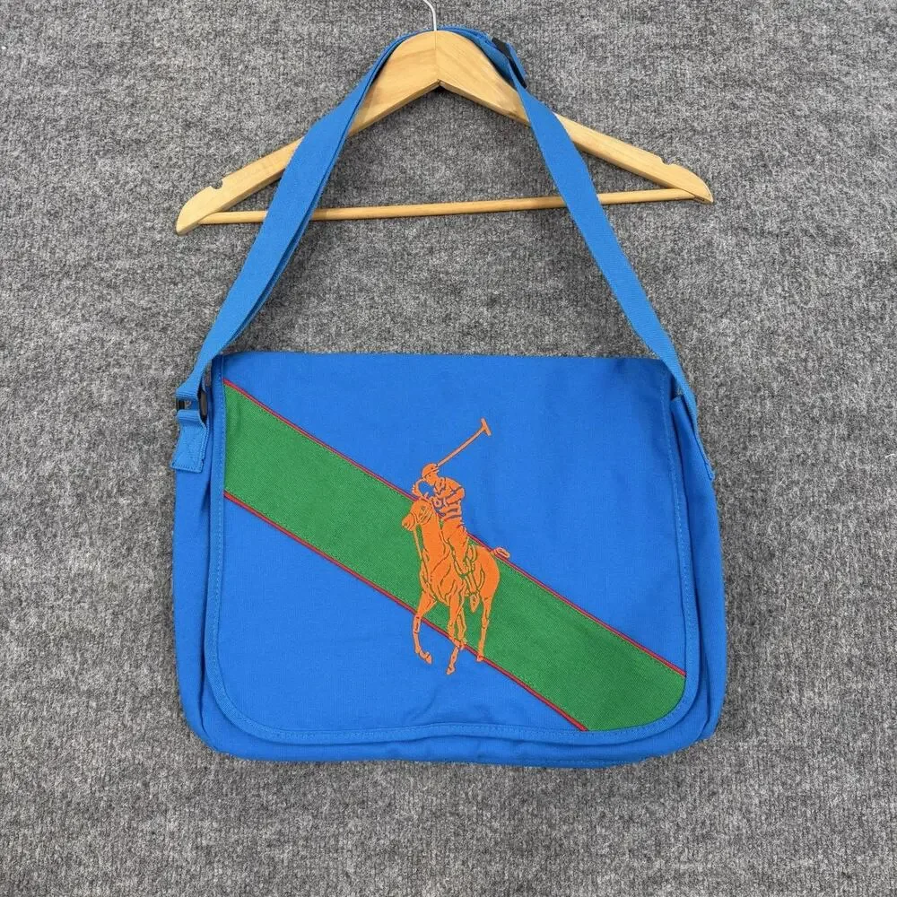 Polo Ralph Lauren Big Pony Canvas Messenger Bag Blue Green Collage Travel Work